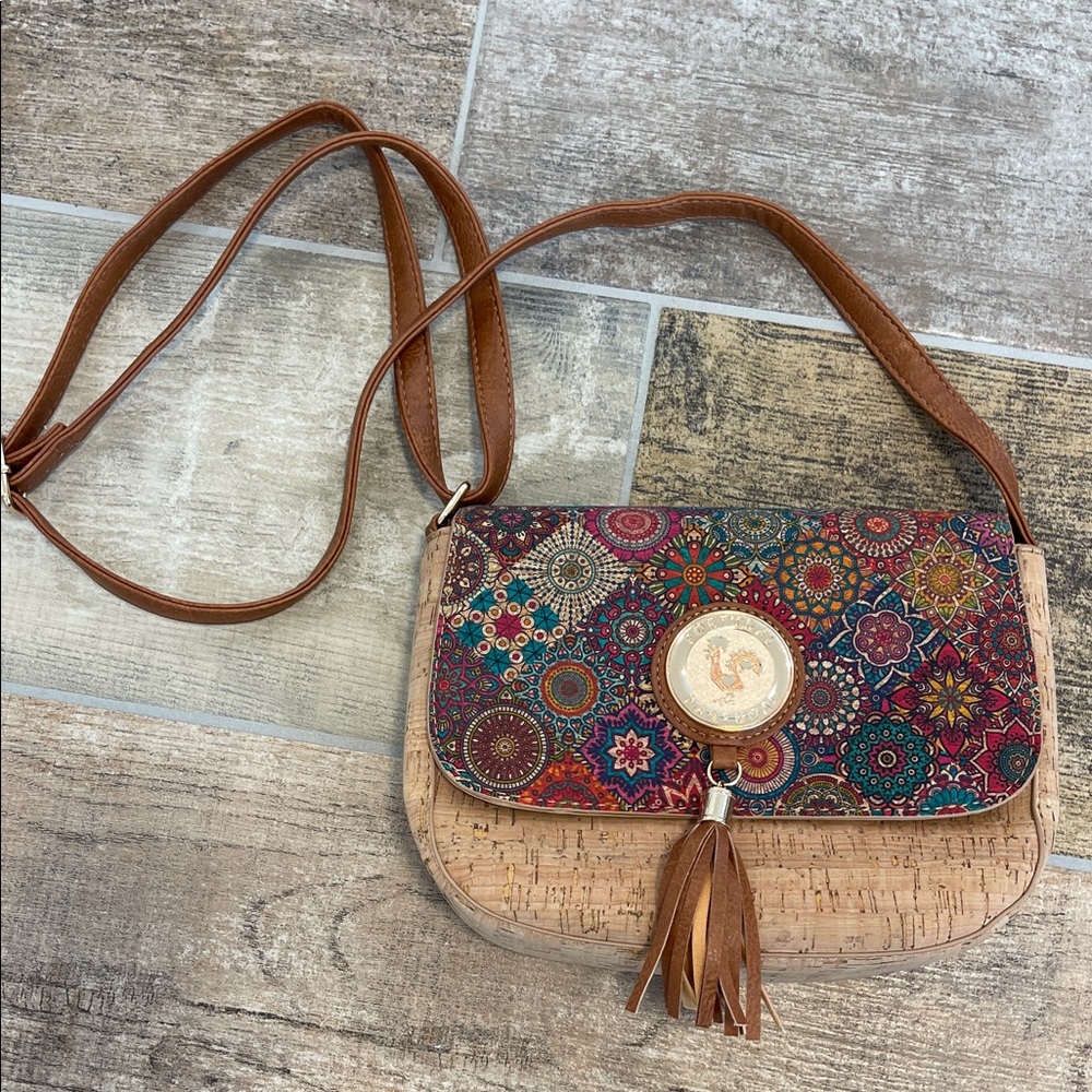 Portugal Cork Bohemian Patterned Crossbody Bag Tassel Magnetic Closure NEW